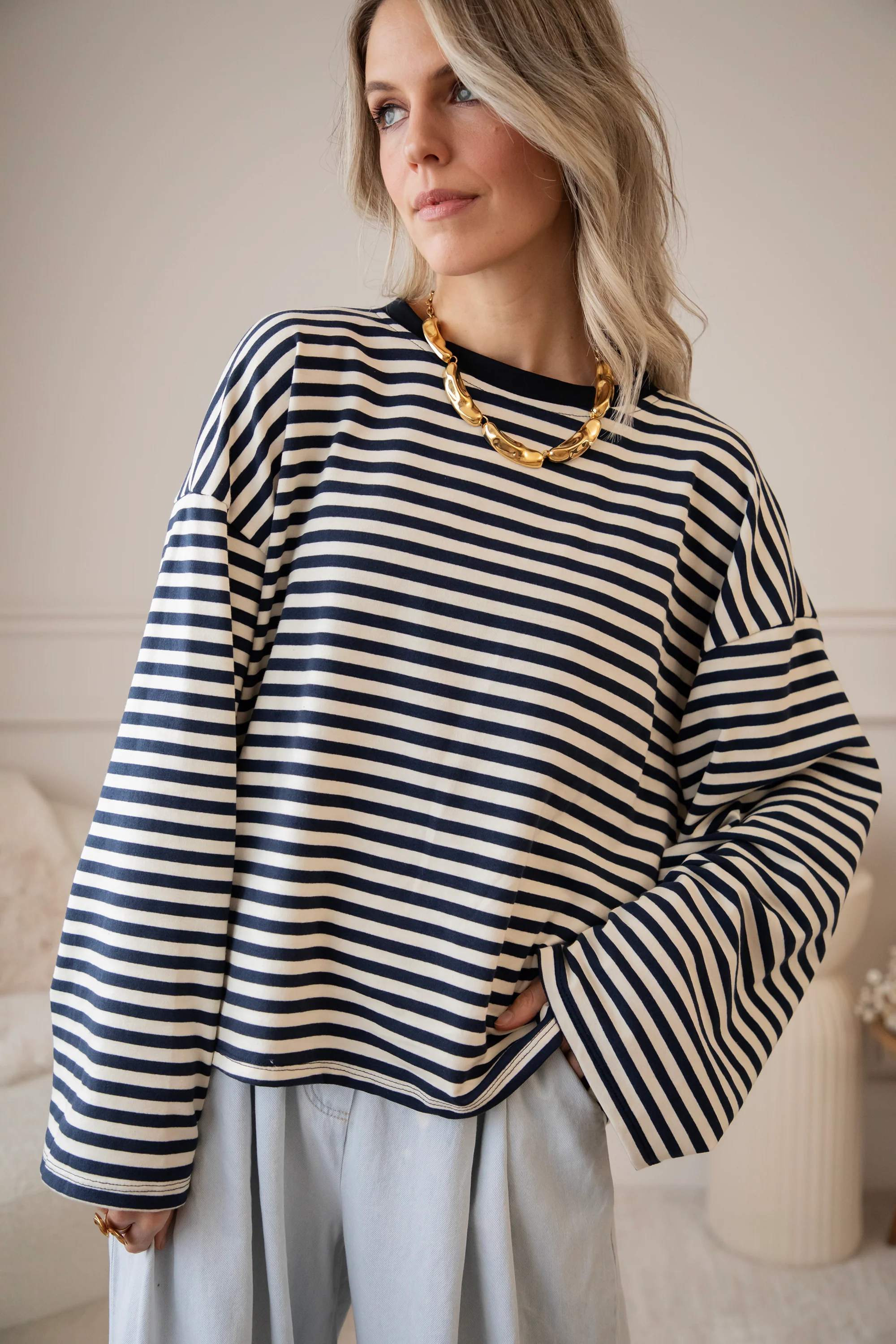 Sadie Stripe Beige/Navy - Longsleeve - Image 4